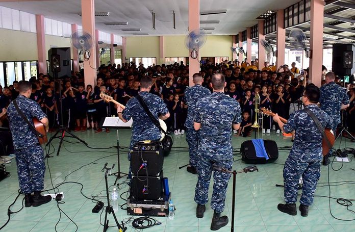 The U.S. 7th Fleet Band, Orient Express, performs for a packed house of children at Banntunggard School during a community outreach event as part of Cooperation Afloat Readiness and Training Thailand 2017 May 31.