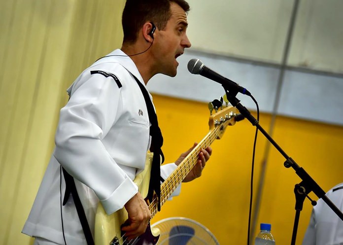 Navy Musician 2nd Class Mark Lame, of the U.S. 7th Fleet Band, Orient Express, jams out during a performance at Pattaya City No. 8 School June 2. 