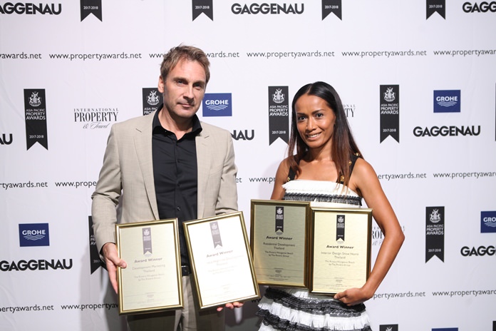Winston and Sukanya Gale proudly display their awards from left: Development Marketing, Residential High-Rise, Residential Development, and Interior Design Show Home at the Asia Pacific Property Awards 2017-2018 held at the new Marriott Marquis Queen’s Park in Bangkok.