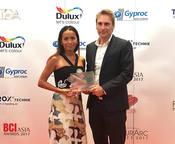 Sukanya and Winston Gale accept the prize for being one of the top ten developers in Thailand during the BCI Asia awards at the Centara Grand, Central World in Bangkok.