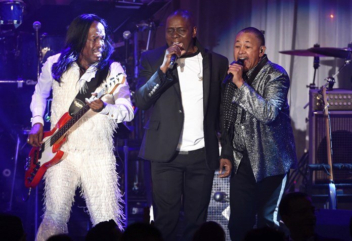 Verdine White (from left), Philip Bailey and Ralph Johnson of Earth, Wind and Fire perform at the Clive Davis Pre-Grammy Gala in Beverly Hills, Calif., Feb. 14, 2016. (Photo by Chris Pizzello/Invision/AP)