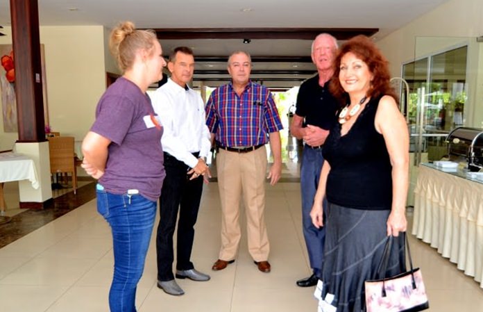 (From left) Kathie Mount is welcomed by Honorary Consul Rudolf Hofer, General Manager Rene Pisters, Gerrit Niehaus and Elfi Seitz. 
