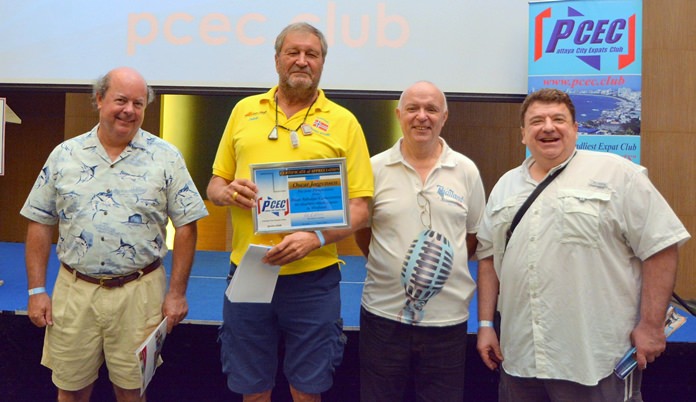 Oskar invites three of his compatriots to join him as he shows off the PCEC’s Certificate of Appreciation received for his interesting and informative talk about care available for elderly/disabled expats.
