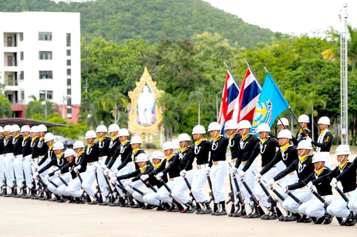First- and second-class cadets at Sattahip’s Naval Rating School perform a “fancy drill” program that was filmed by Thai Mikasa Co., for Nippon Television Network Corp.