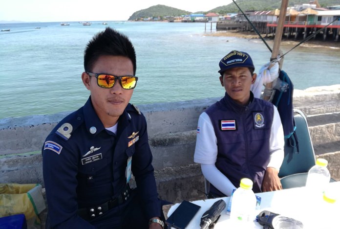 Police and Marine Department officers were out on Koh Larn to keep the beaches clean and safe for tourists.