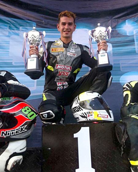 Pattaya based superbike rider Ben Fortt poses with his trophies after his double success at the Thailand International Circuit in Nakhon Chai si.