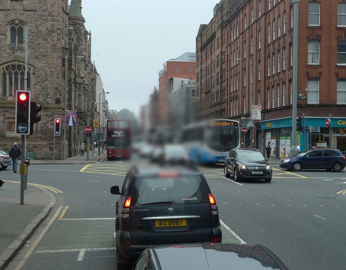 This image provided by Roche, and manipulated by blurring the center of the image by the source, to illustrate how vision is affected by the so-called “dry” form of age-related macular degeneration. (Roche via AP)