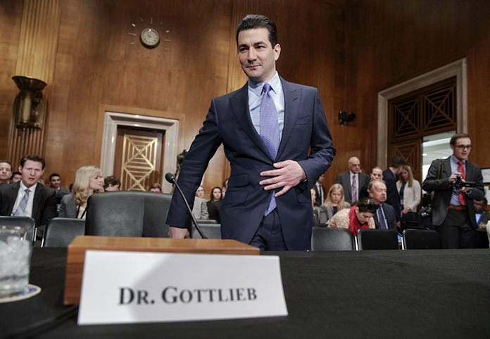 In this Wednesday, April 5, 2017, file photo, Dr. Scott Gottlieb, President Donald Trump’s nominee to head the Food and Drug Administration, appears at his confirmation hearing before the Senate Committee on Health, Education, Labor, and Pensions, on Capitol Hill in Washington. (AP Photo/J. Scott Applewhite)
