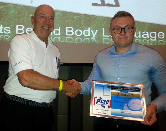 MC Roy Albiston presented the PCEC’s Certificate of Appreciation to Jakob for his interesting and informative talk on body language; followed by demonstrating a hardy handshake.