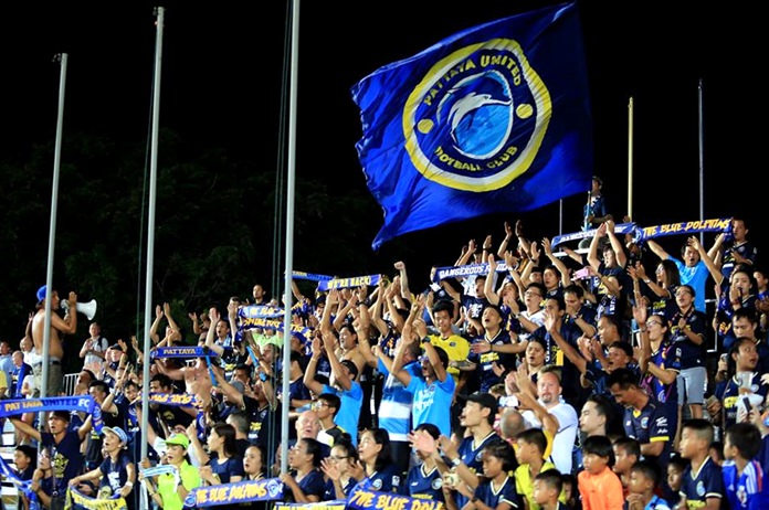 United fans celebrate an important 3-0 victory over Ratchaburi Mitr Phol FC. (Photo courtesy Pattaya United FC)
