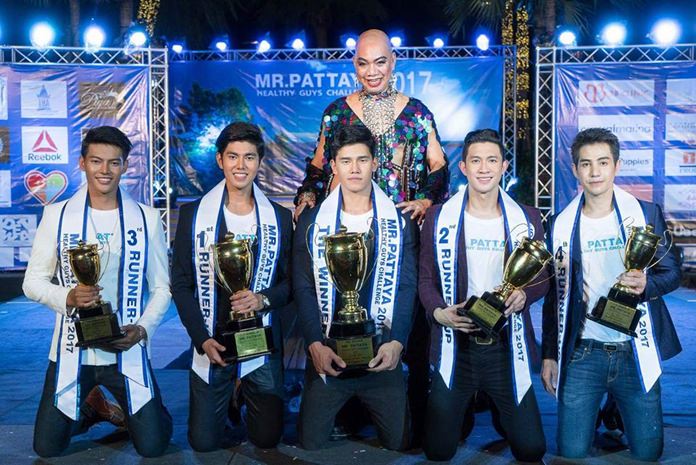 The top five contestants at the Pattaya Healthy Guy Challenge pose with their trophies,(from left) 3rd runner-up, Jetsadakorn Muen-gnam; 1st runner-up, Jetsadakorn Sriponkhet; winner, Panasut Dejparomin; 2nd runner-up, Nattapong Panyachanakul; and 4th runner-up, Witawat Kaewpanna.