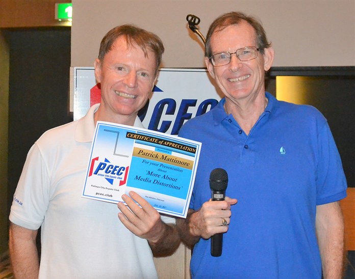 MC Ren Lexander presents the PCEC’s Certificate of Appreciation to Patrick Mattimore for another of his excellent talks on how the news media may distort the information they report.