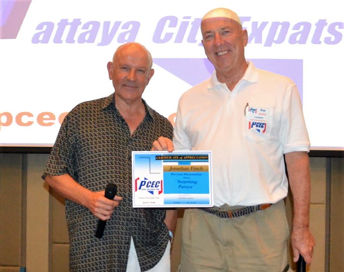 MC Roy Albiston presents the PCEC’s Certificate of Appreciation to Jonathan Finch after his presentation about how Pattaya surprised him on his first visit and continues to do so.