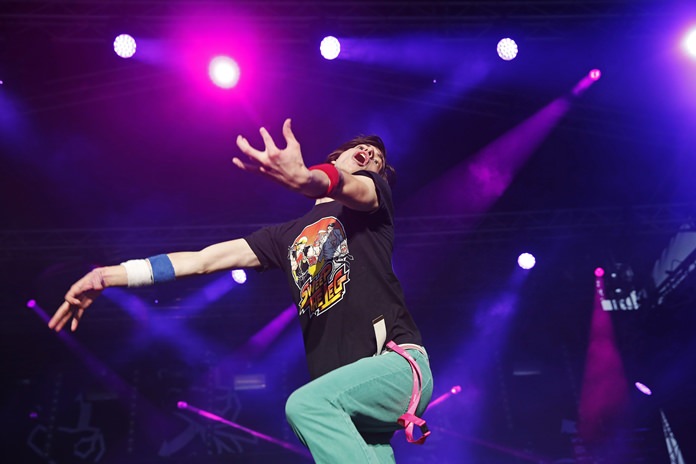 American Matt “Airistotle” Burns performs during the final of the Air Guitar World Championships in Oulu, Finland, Friday, Aug. 25. (Eeva Rihel/Lehtikuva via AP)
