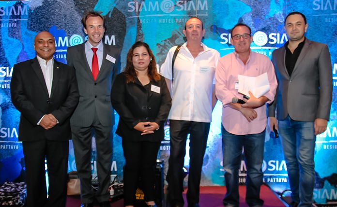 (L to R) Abhijit Datta, CEO of ISS Facility Services; Charles Rowe, Head of Admissions at Rugby School Thailand; Salisa Ruttakara, Manager Marketing Department Go General Outsourcing; Karl St. George, CEO Axcel Electronics; Mark Bowling, Director British Chamber of Commerce Thailand; and Dmitry Chernyshev, General Manager, Siam@Siam Design Hotel Pattaya.