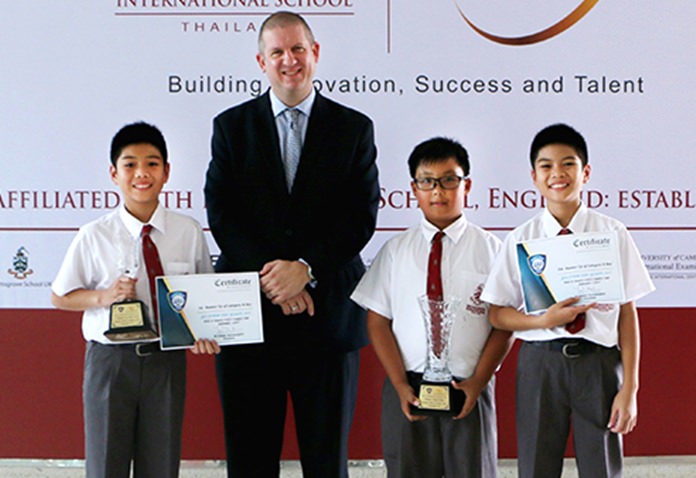Dr. Dan Moore, Headmaster & CEO of Bromsgrove International School Thailand (BIST) congratulated 3 students, Bhumkit Pitchayasaowapak, winner, Pattakit and Phutachkit Sangkaman, 1st and 3rd runner up respectively in Category D Boy at the JJGA Junior Golf Quality 2017 held at Dynasty Golf & Country Club on September 3, 2017.
