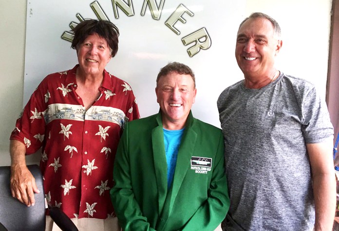 Paul Smith (centre) with Wayne Peppernell (right) and wig-wearer Tip Briney.
