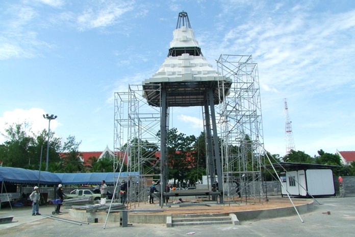 Chonburi’s scale reproduction of the royal funeral pyre is more than half done and on schedule for completion before the cremation of HM King Rama IX.