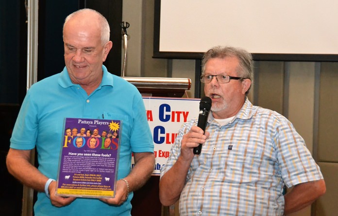 Robert Smith takes the opportunity during the Open Forum portion of the PCEC meeting to announce the upcoming Pattaya Players’ performance of Neal Simon’s play, “Fools”.