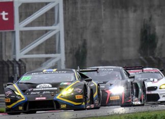 Thai driver Sandy Stuvik (left) leads the Blancpain GT Series Asia Race 1 at the Shanghai F1 Circuit in Shanghai, China, Saturday, Sept. 23.