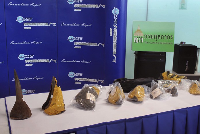 A collection of seized rhino horns are shown on display in Bangkok, Wednesday, Oct. 11. (Royal Thai Customs via AP)