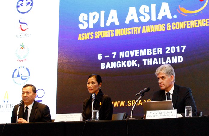 (From left) Sakon Wannapong, Governor of the Sports Authority of Thailand, Kobkarn Wattanavrangkul, Minister of Tourism and Sports, and Gottschalk, CEO of MMC Sportz Marketing LLC, speak during a press conference to announce the Thai finalists for the 2017 SPIA Asia awards in Bangkok, Monday, Oct. 9.