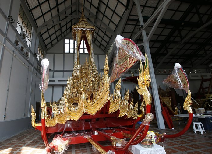 The royal chariot which will be used to carry the body and the royal urn of the late Thai King Bhumibol Adulyadej is displayed at the National Museum. (AP Photo/Sakchai Lalit)