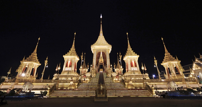 The Royal Crematorium is modeled after the imaginary Mount Sumeru, the center of the universe in Buddhist cosmology. In the ancient Thai kingdom, the concept of a divine king was firmly established and institutionalized, and it was influenced by Hinduism and deism. (AP Photo/Wason Wanichakorn)