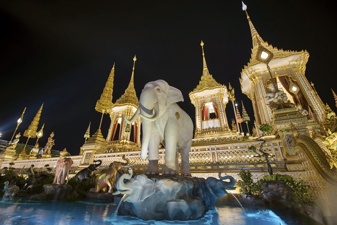 The “heavenly pond” is found in the four directions of the Royal Crematorium base and is also decorated with auspicious animals, namely elephants, horses, cows, and lions. (AP Photo/Kittinun Rodsupan)