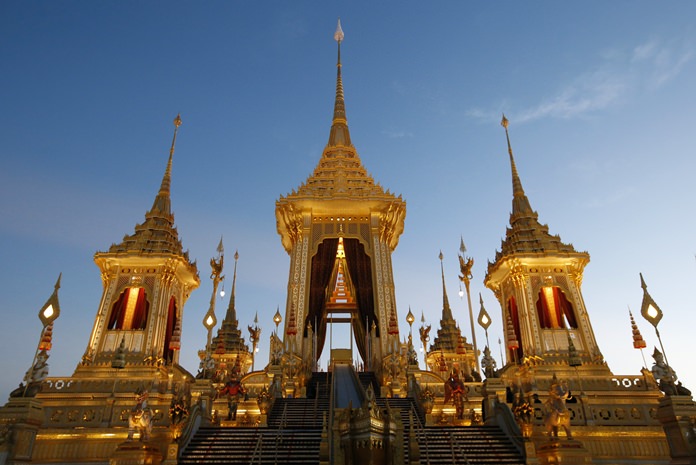 The Royal Crematorium comprises nine spire-roofed pavilions (busabok) rising from the base, which is formed in three levels. (AP Photo/Sakchai Lalit)