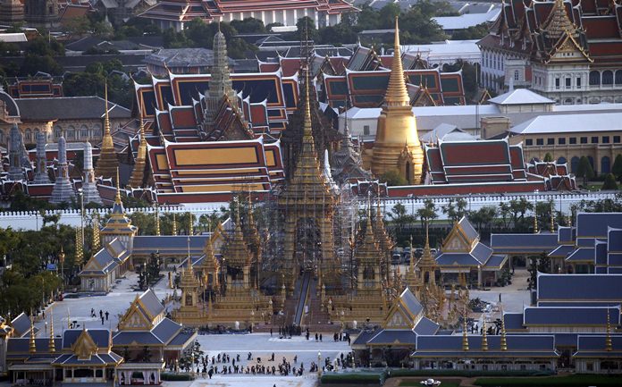This Oct. 6, 2017, photo shows the royal crematorium and funeral complex for the late Thai King Bhumibol Adulyadej in Bangkok. (AP Photo/Sakchai Lalit)