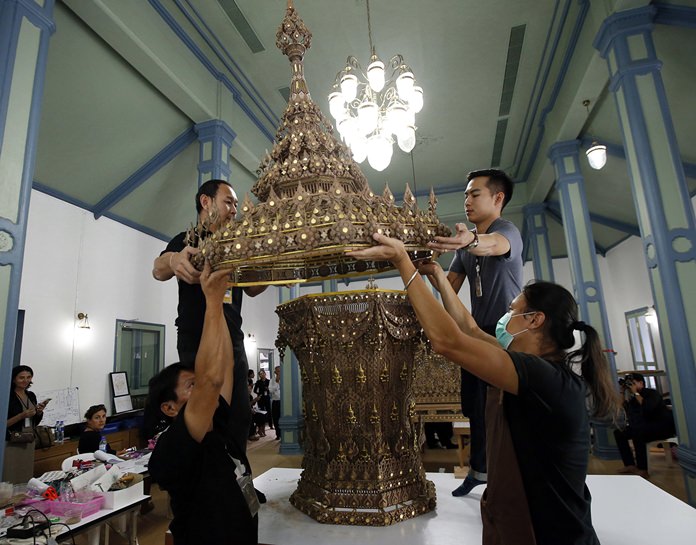 The royal urn made of sandalwood will be used in the royal crematorium during the elaborate royal cremation ceremony from Oct. 25 to 29 for the late Thai King Bhumibol Adulyadej. (AP Photo/Sakchai Lalit)