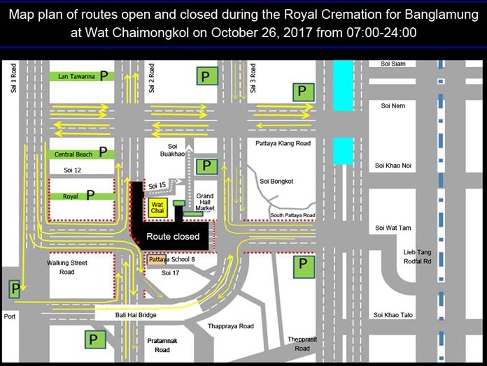 Pattaya will close some roads for three hours beginning at 9 a.m. Oct. 26.