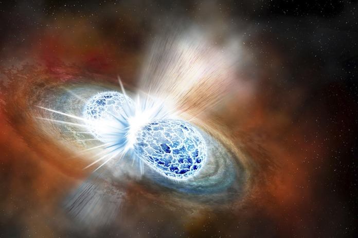 This illustration provided by the Carnegie Institution for Science depicts the collision of two neutron stars detected on Aug. 17, 2017. The explosion threw matter, light, radiation and gravitational waves into space. The discovery was reported on Monday, Oct. 16, 2017. (Robin Dienel/Carnegie Institution for Science via AP)