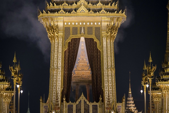 Smoke rises from the royal crematorium of the late King Bhumibol Adulyadej in Bangkok early Friday morning, Oct. 27, 2017. (AP Photo/Wason Wanichakorn)