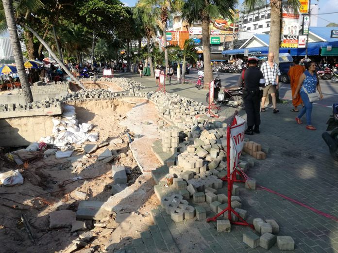 Walking the beat near Pattaya Police Station has become a bit more challenging for officers as erosion has wrecked the sidewalk.