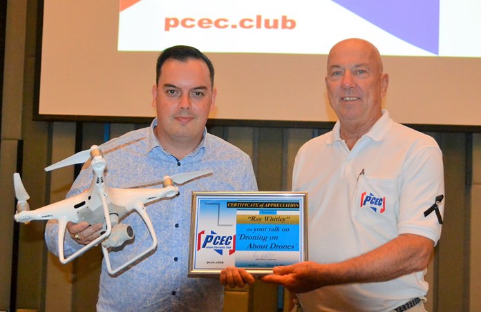MC Roy Albiston presents Ray Whitley with the PCEC’s Certificate of Appreciation for his very informative and interesting presentation about drone technology, which included a live demonstration.
