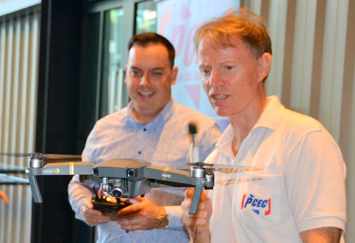 Member Ren Lexander interviews Ray Whitley after his presentation while he demonstrates the flying of a drone. To view the video visit: https://www.youtube.com/watch?v=Tl6cxfdACeI.