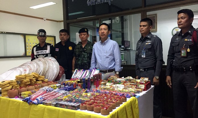 Banglamung officials raided three Pattaya-area shops illegally selling fireworks and flying lanterns for Loy Krathong.