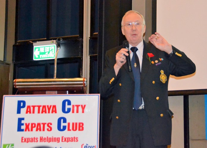 Andy Barraclough, Chairman of the British Legion Chonburi branch, reminds his PCEC audience that the Poppy Appeal for Remembrance Day is still needed.