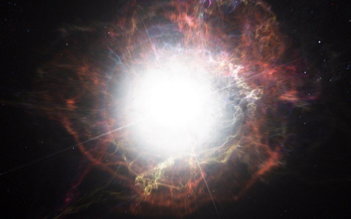This illustration made available by the European Southern Observatory in 2014 shows dust surrounding a supernova explosion. On Wednesday, Nov. 8, 2017, astronomers reported that a star 500 million light-years away exploded in 1954 and apparently again in 2014. The research confounds scientists who thought they knew how dying stars ticked. (M. Kornmesser/ESO via AP)