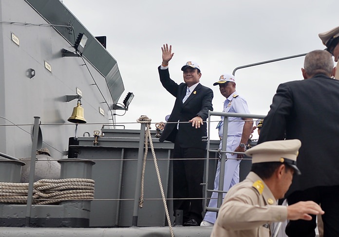 Prime Minister Prayut Chan-o-cha presides over the finale from the deck of the HTMS Thalang.