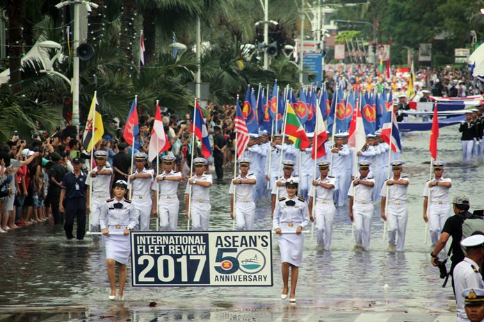 Mother Nature rained on Pattaya’s big parade as the city hosted the International Fleet Review to commemorate the 50th anniversary of the Association of Southeast Asian Nations.
