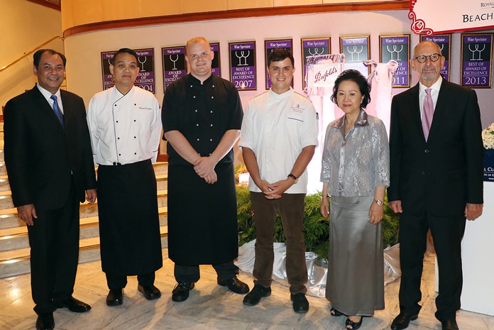 Mrs. Panga Vathanakul, MD of the Royal Cliff Hotels Group (2nd right), together with General Manager Prem Calais (left) and Ron Bartori (right) congratulate Pastry Chef Warawuth Siriwongse, (2nd left) and Chef De Cuisine Myroslav Pasechnyi, (3rd right) at the conclusion of the superb dining experience.