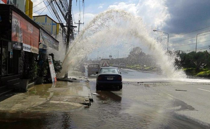 A careless contractor caused a geyser to shoot into the sky on Sukhumvit Road after drilling punctured a water main.