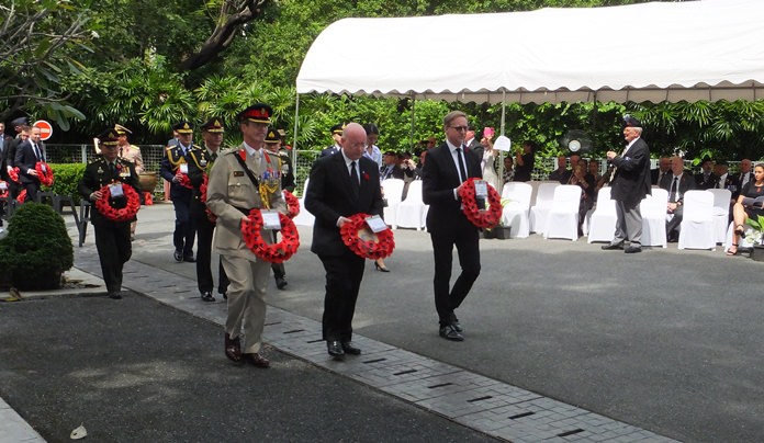 Wreaths were laid by (L to R) Defence Attaché Colonel Roger Lewis, British Legion President Graham Macdonald, and British Ambassador H.E. Brian Davidson.