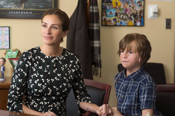 This image shows Jacob Tremblay, right, and Julia Roberts in a scene from “Wonder.” (Dale Robinette/Lionsgate Films)