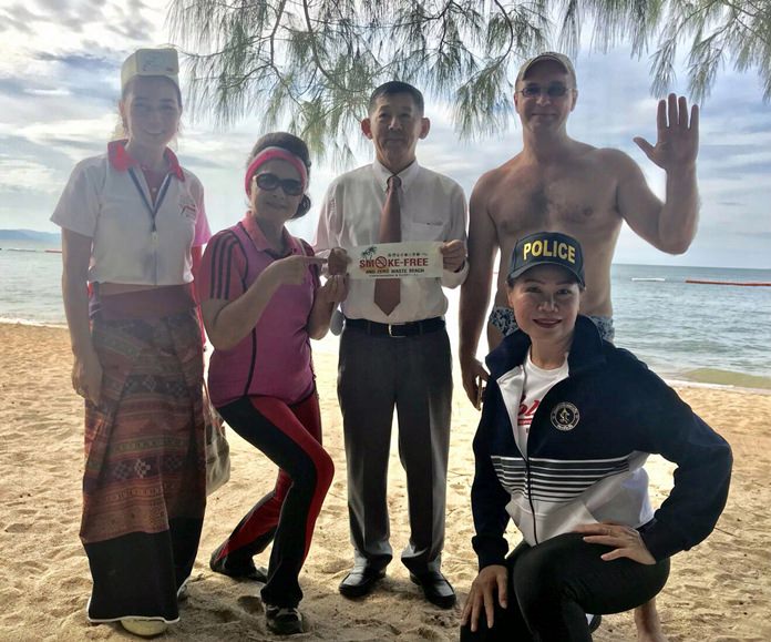 Mayor Anan Charoenchasri, city council members and Marine Department officials kicked off a public-relations campaign about Thailand’s new law banning smoking on the beach.