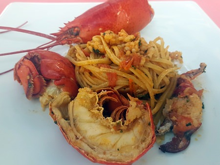 Whole Canadian lobster served with noodles sautéed with lobster ragout at Pan Pan.