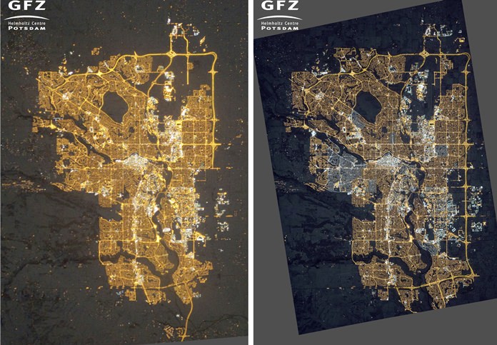 This photo combo of images provided by NASA’s Earth Observatory/Kyba, GFZ shows photographs of Calgary, Alberta, Canada, taken from the International Space Station on Dec. 23, 2010, left, where residential areas are mainly lit by orange sodium lamps; and on Nov. 27, 2015, right, where many areas on the outskirts are newly lit compared to 2010, and many neighborhoods have switched from orange sodium lamps to white LED lamps. (NASA’s Earth Observatory/Kyba, GFZ via AP)